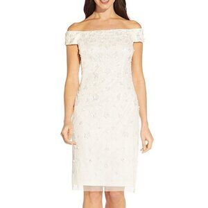 Adrianna Papell Floral Appliqué Beaded Sequined Dress White NEW Size 0